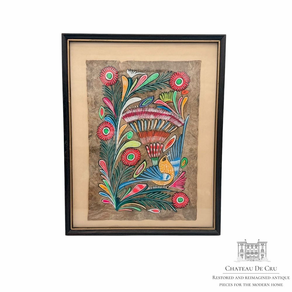 Vintage Mexican Folk Art Amate Bark Painting Framed Bird and Flowers